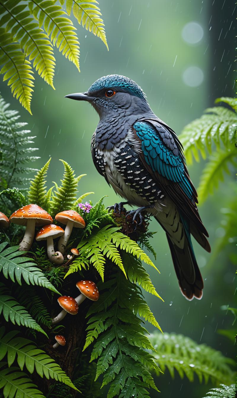 00631-2785053822-A small cuckoo bird perched on top of a tree with beautiful ferns and mushrooms and flowers, on a rainy summer morning, in a tro.png